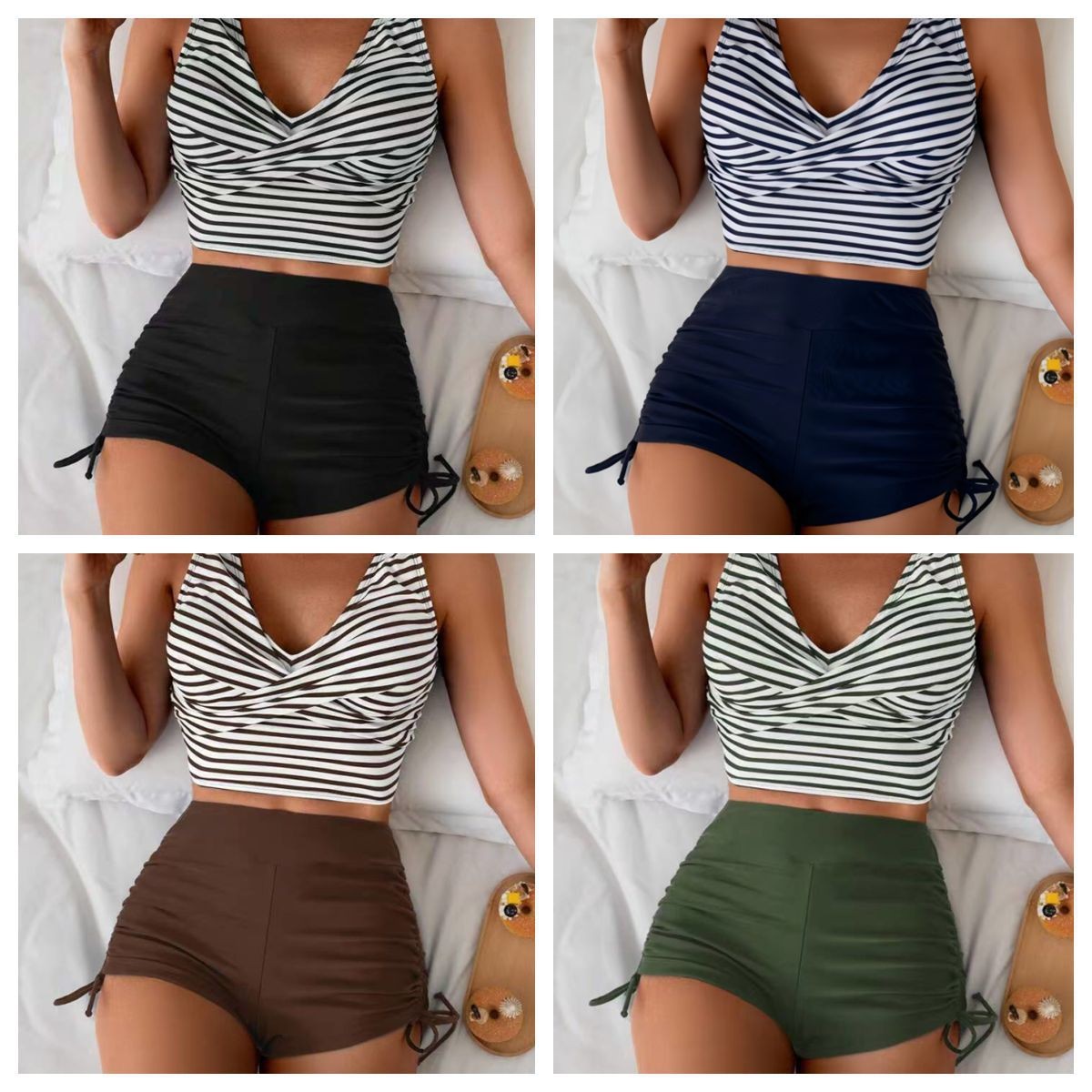 Shorts - 女性水着ビキニクロップトップハイウエストショーツビキニストライプトップ水着クロスバックツーピース水着女性水着