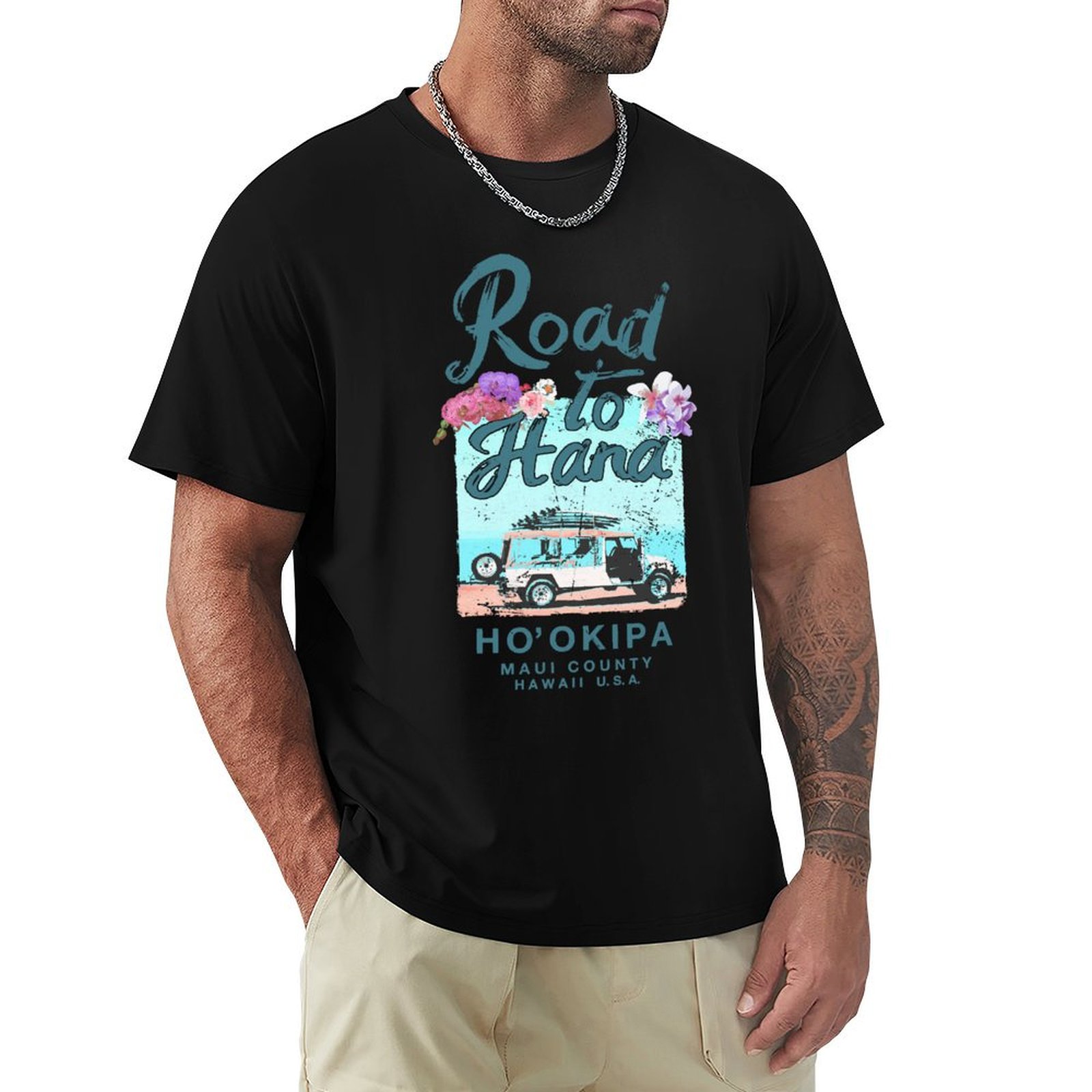 Vintage Hawaiian Floral Shirt - ロード・トゥ・ハナ、マウイ、ハワイ、ヴィンテージ、ハワイアン柄のTシャツ、デザイナーズTシャツ