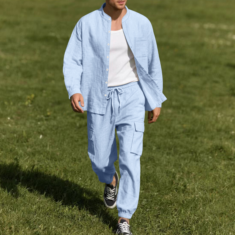 Mens Linen Shirt Long Sleeve - メンズリネン通気性ツーピースセット、スタンドカラー長袖シャツとワークパンツ、夏のビーチカジュアルウェア