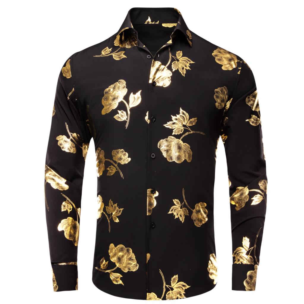 Mens Satin Silk Dress Shirt - Hi-tie-メンズ長袖サマーシャツ,ラージサイズ,ゴールドシルク,ブラック,春夏