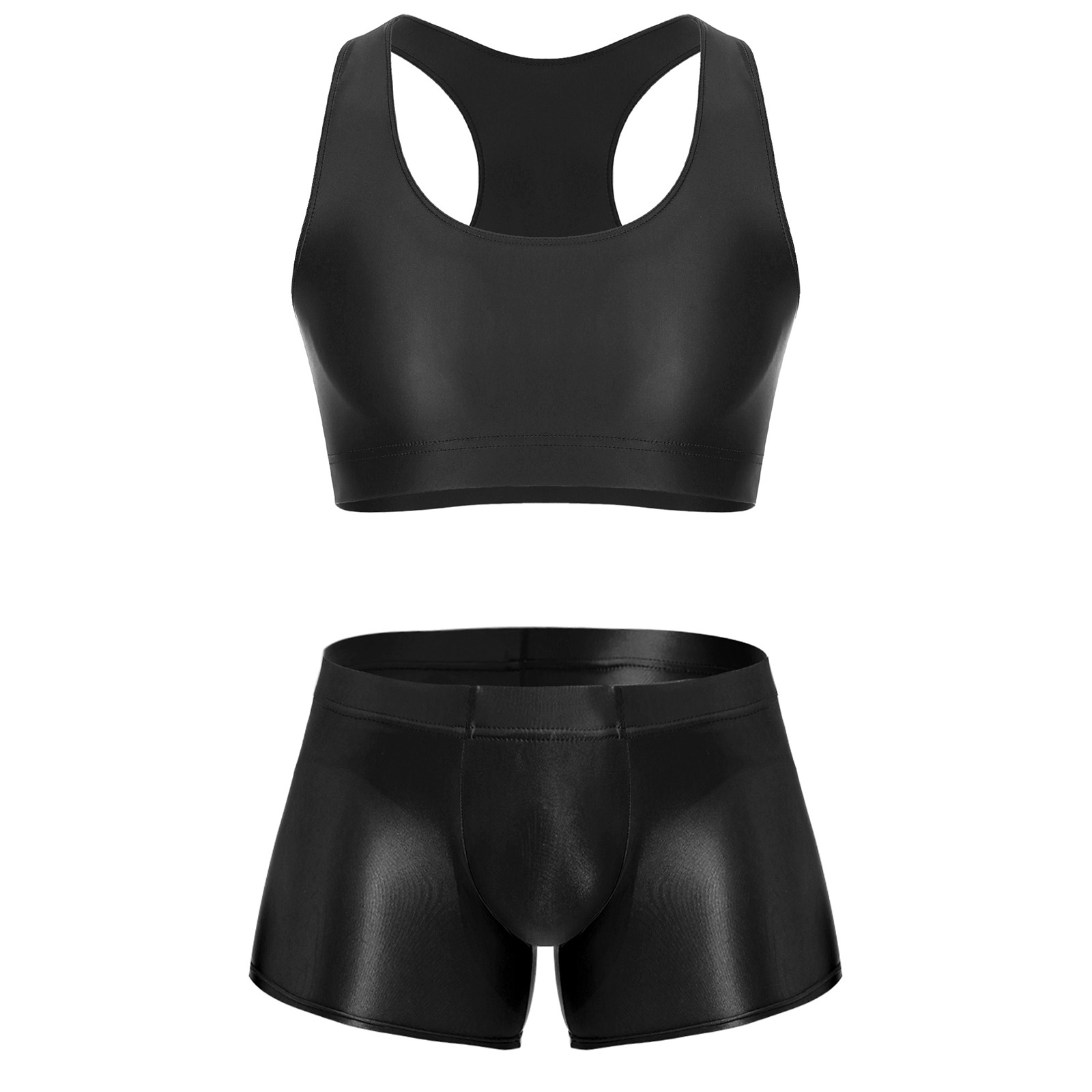 Underwear - メンズ光沢のあるストレッチフィットネスウェア、Uネックノースリーブクロップトップベストとローライズボクサーパンツ、ナイトウェア、下着、水着、ワークアウトウェア