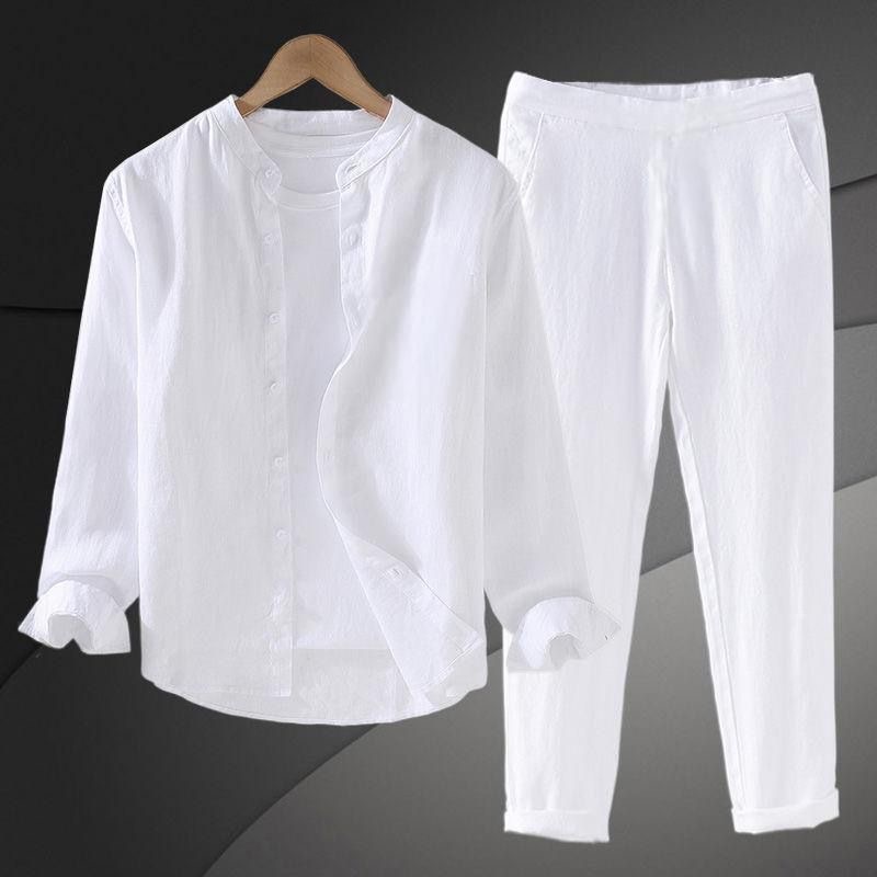 Mens Linen Shirt Long Sleeve - 軽量で通気性のあるコットンリネンシャツセット メンズ 長袖 夏用 カジュアルワークウェア ショーツセット