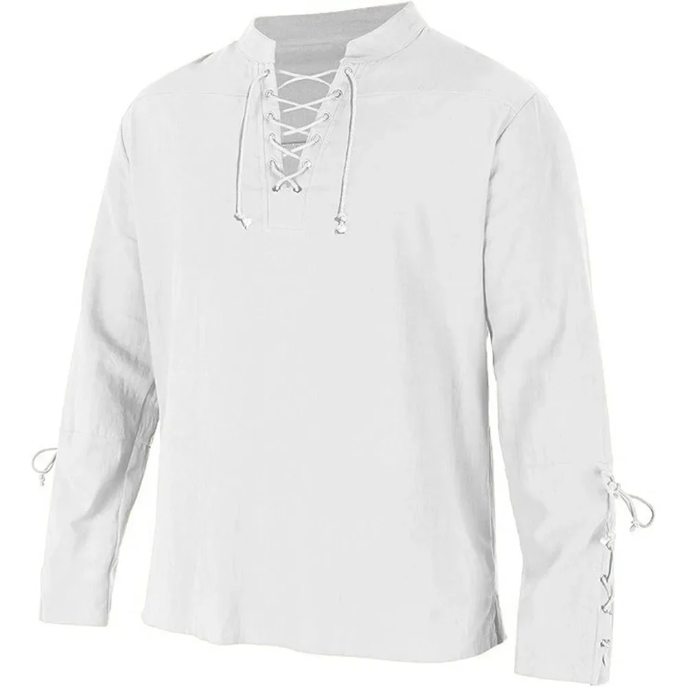 Medieval Gothic Lace Up Pirate Shirt - メンズパイレーツスタイルのドレス,長袖シャツ,レース,Vネック,ハロウィーン,パンク,ストリートウェア,ゴシック,衣類