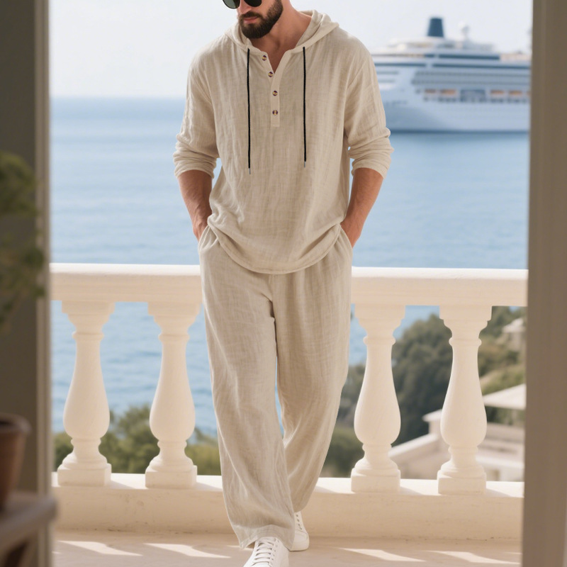 Mens Linen Shirt Long Sleeve - クロスボーダー秋リネンメンズカジュアルスーツルーズフード付きヘンリーシャツ長袖トラウザーススーツ
