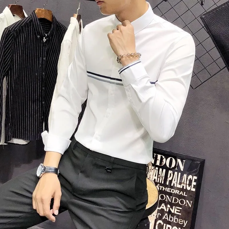 Mandarin Collar Formal Shirt Slim Fit - メンズマンダリンカラーロングスリーブシャツ、コントラストストライプ、スリムフィット、カジュアルビジネスフォーマルトップス
