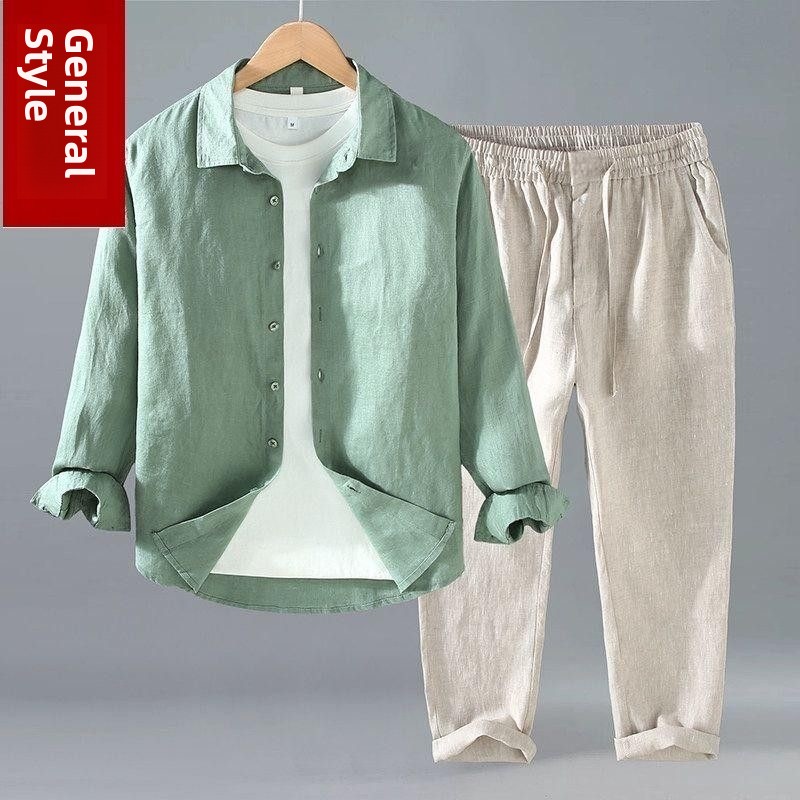 Mens Linen Shirt Long Sleeve - 夏用綿麻シャツパンツセット 長袖ターンダウンカラー半袖長ズボンセット カジュアルスポーツウェア 若者向け