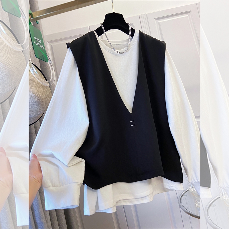 T-Shirts - SuperAen 春の新作レディースオーバーサイズプルオーバーホワイト長袖 T シャツデザインルーズフィットノースリーブトップスセット