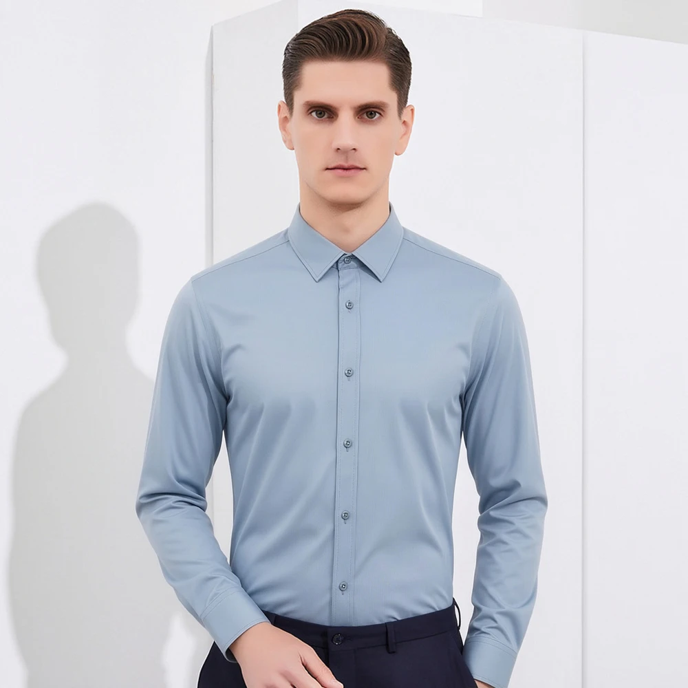Breathable Bamboo Fiber Shirt Non Iron - メンズビジネスノンアイロンシャツ4方向ストレッチ無地フォーマルドレスシャツポケットなししわ防止通気性スリムフィット長袖
