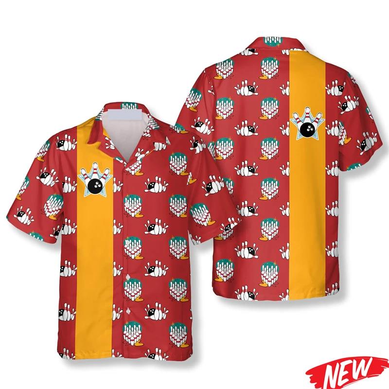 Short Sleeve Bowling Shirt Retro - クラシックボウリングパターンハワイアンシャツ男性用夏ストリートレトロ半袖3dプリントルーズスポーツビーチラペルシャツ