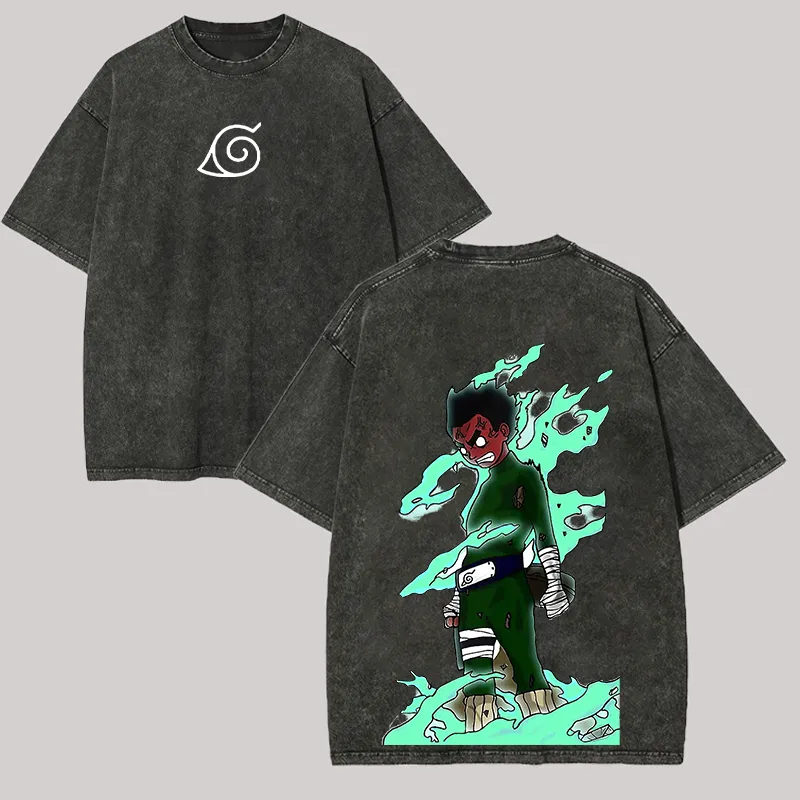 Acid Wash Vintage Graphic T Shirt - ロック・リー八門TシャツナルトヴィンテージアシッドウォッシュストリートウェアオーバーサイズレトロアニメグラフィックメンズTシャツコットントップ衣類