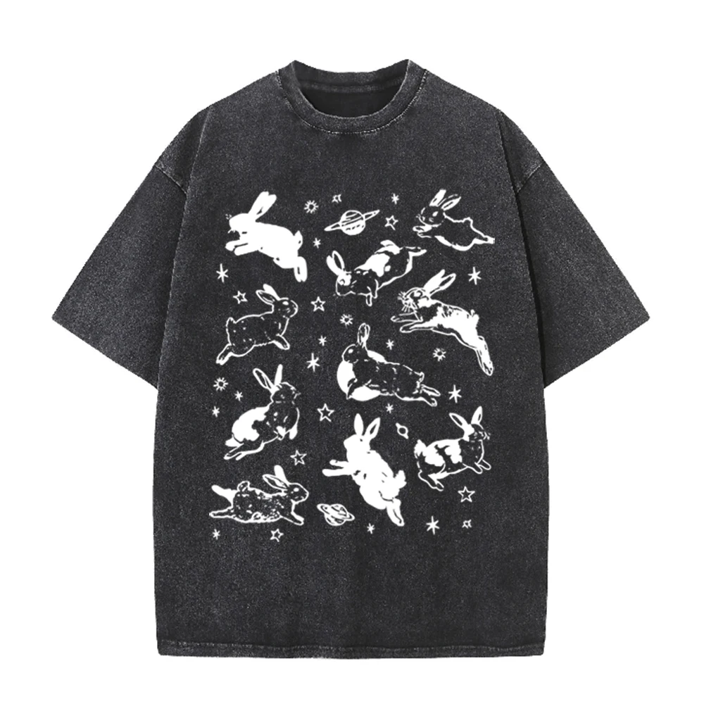 Acid Wash Vintage Graphic T Shirt - 2026年ヴィンテージ宇宙ウサギ惑星スターグラフィックブラックアシッドウォッシュTシャツ天体ウサギレトロラインアートオーバーサイズユニセックスカジュアルS