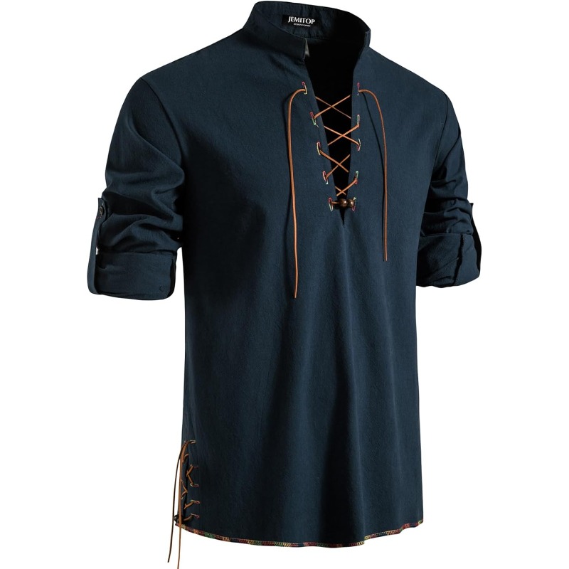 Medieval Gothic Lace Up Pirate Shirt - メンズ海賊シャツバイキングレトロルネサンス中世ゴシックビクトリア朝のハロウィン衣装カジュアルコットンリネンフロントレースアップシャツ