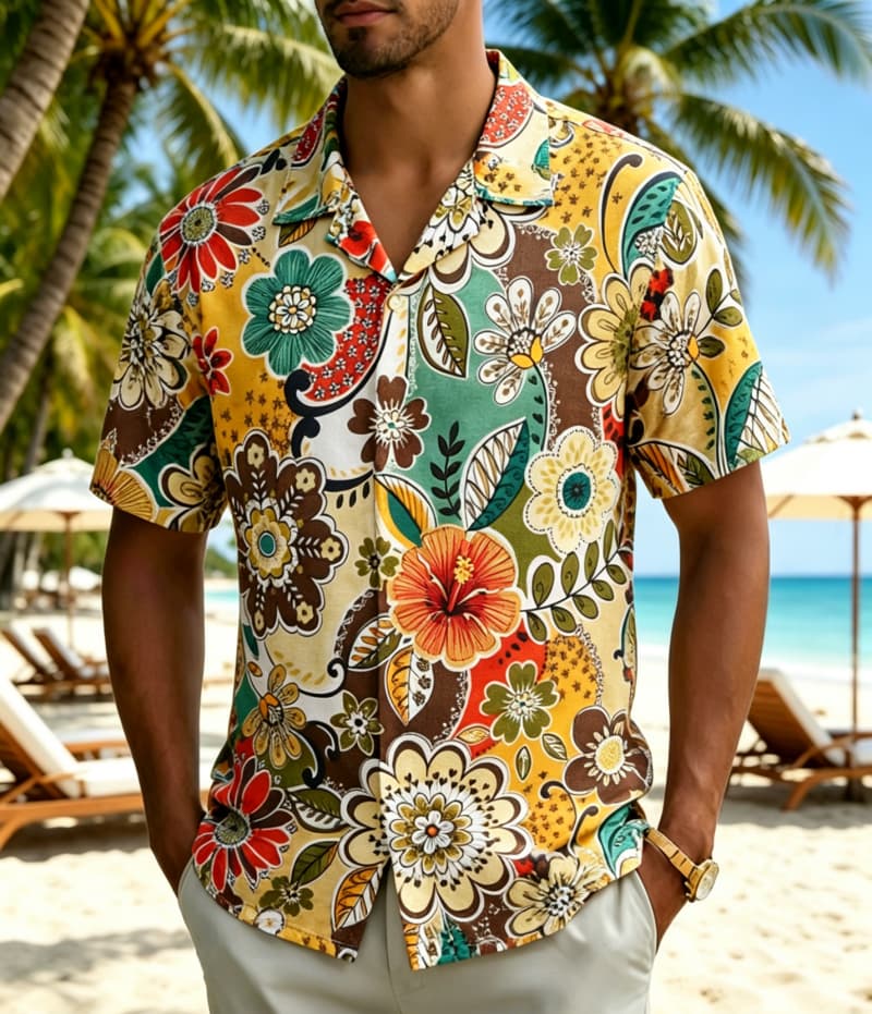 Vintage Hawaiian Floral Shirt - メンズヴィンテージボヘミアン風トロピカルフローラルプリントシャツ、夏の休暇、ビーチ旅行、普段着、カジュアルウェアに最適なエキゾチックなアイランドスタイル