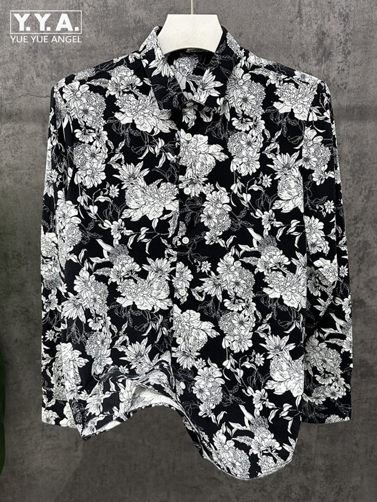 Vintage Hawaiian Floral Shirt - ファッションメンズ春花柄プリントビーチシャツ長袖シングルブレストハワイアンスタイルルーズフィットトップスストリートウェアサイズ6XL