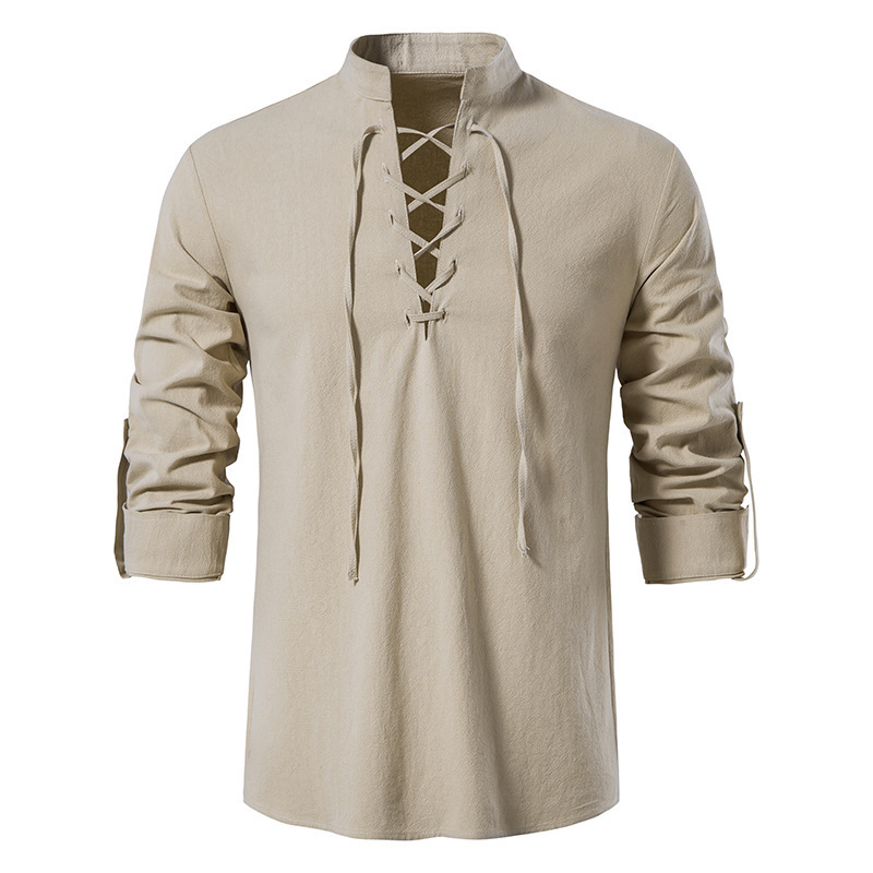 Mens Linen Shirt Long Sleeve - メンズ中世風レースアップコットンリネンシャツスタンドカラーロールアップ長袖レトロバイキング海賊カジュアルトップス