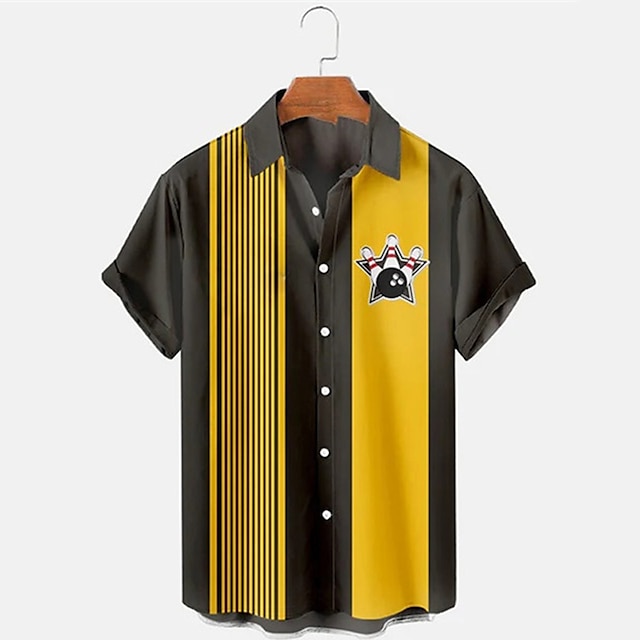 Short Sleeve Bowling Shirt Retro - メンズストライプボウリングパターンプリント半袖ラペルシャツレトロスポーツデザインルーズサマービーチカジュアルトップス紳士服