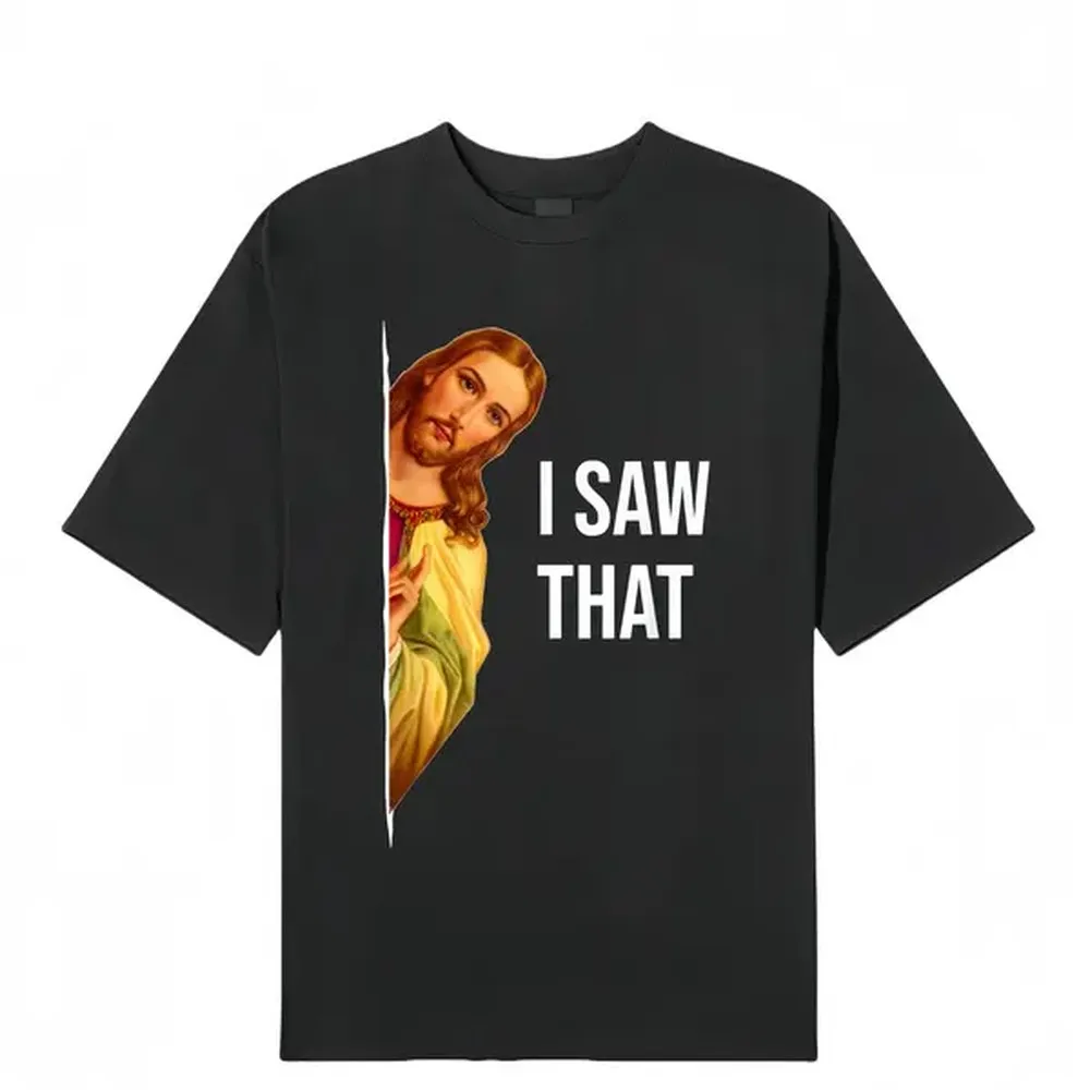 Short Sleeve Bowling Shirt Retro - メンズレトロ「I Saw It」ジーザス・ミームTシャツ、面白いボウリンググラフィックプリント、カジュアルフィットネスウェア用半袖フィットマイクロストレッチトップ、Tシャツ、スポーツトップ