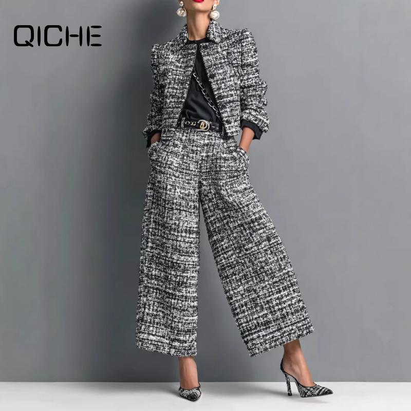 Jackets - QICHE 新2026 レディース ヨーロピアンマッチングセット ラペル付き長袖クロップドジャケット スリムフィットワイドレッグパンツセット
