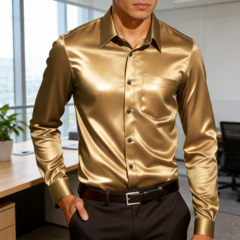 Mens Satin Silk Dress Shirt - メンズ サテン風アイスシルク ドレスシャツ スリムフィット 長袖 ビジネスカジュアル