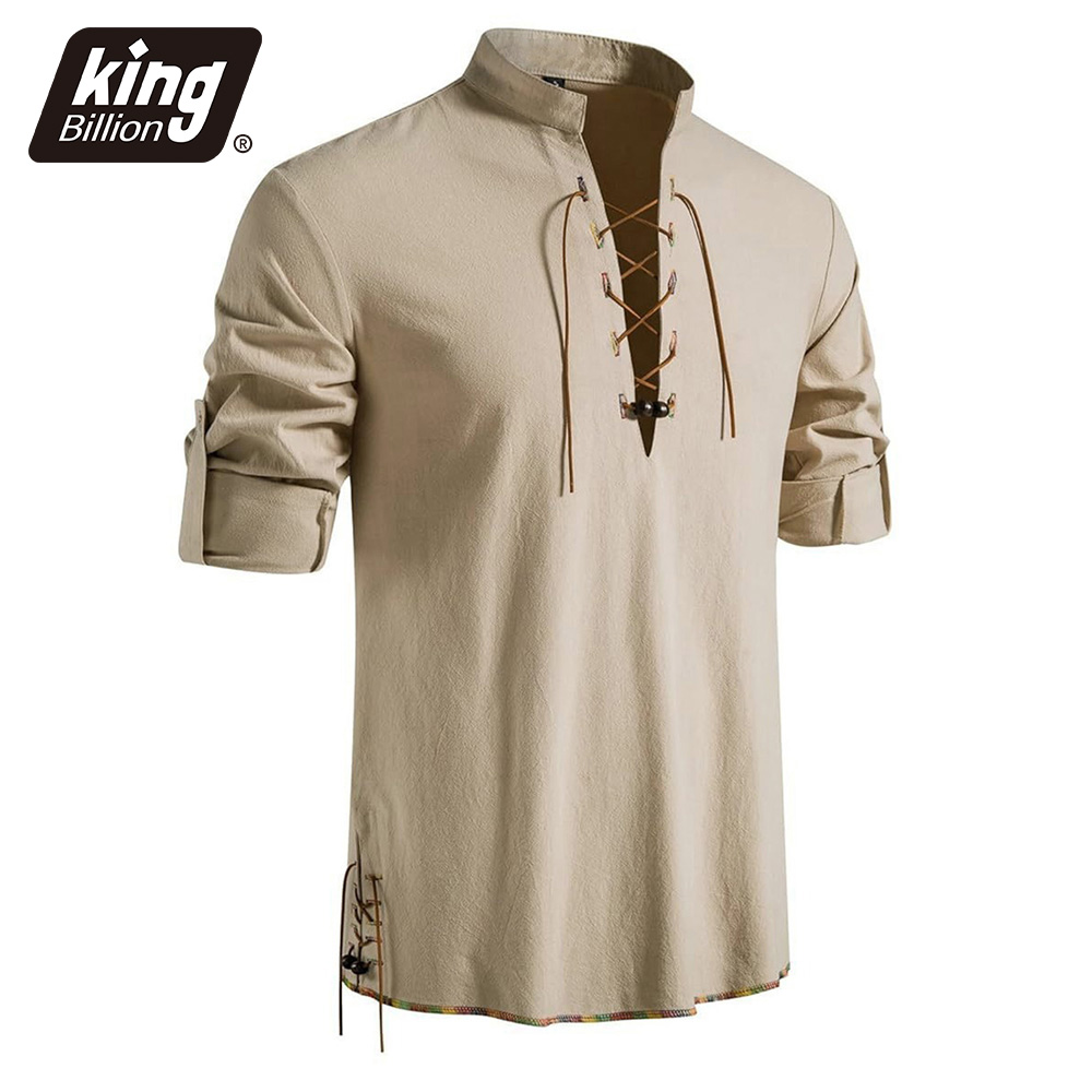 Medieval Gothic Lace Up Pirate Shirt - メンズ ヘンリーネック 中世風シャツ レトロ バイキング パイレーツ