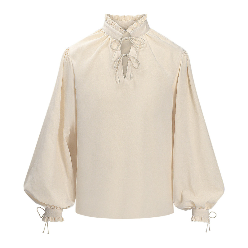 Medieval Gothic Lace Up Pirate Shirt - ルネサンス中世海賊シャツ（男女兼用）、ベージュのフリル付きスタンドカラーレースアップランタンユニセックスコスプレコスチュームゴシックシャツ