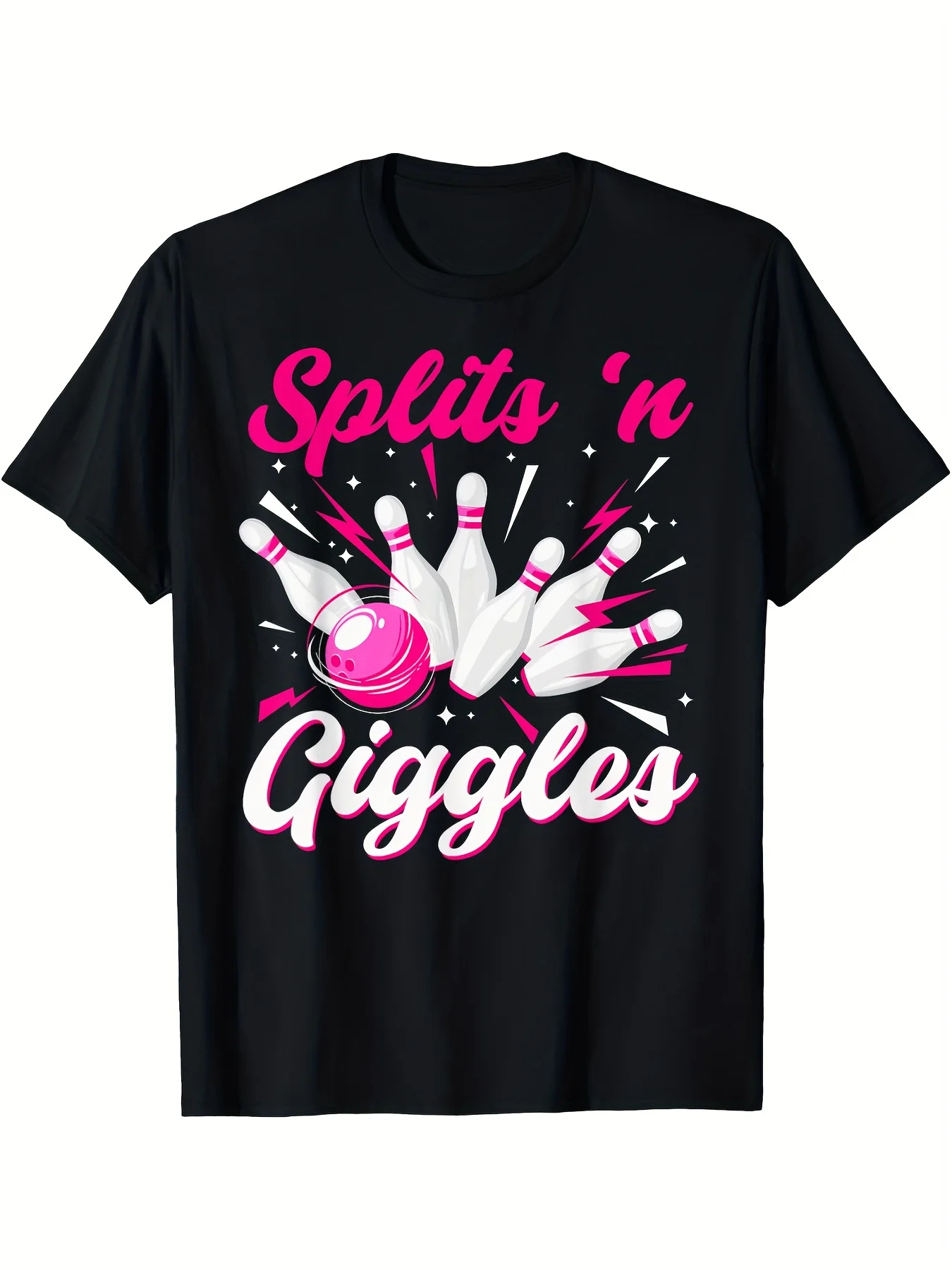 Short Sleeve Bowling Shirt Retro - 面白いボウリングをテーマにした大人用Tシャツ - コットン製カジュアル半袖、ルーズフィット、ラウンドネック、プリント柄、通気性のある生地、220gsm - S-XXXL、ブラック、クラシックレトロスタイル、ラウンドネック半袖、洗濯機で洗える、カジュアルスポーツウェアに最適