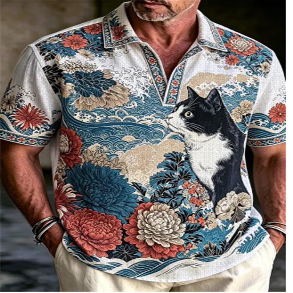 Vintage Hawaiian Floral Shirt - メンズ半袖ポロシャツ ヴィンテージ浮世絵猫花柄波模様プリント ラペルカラー ハーフジップ カジュアル ハワイアンシャツ