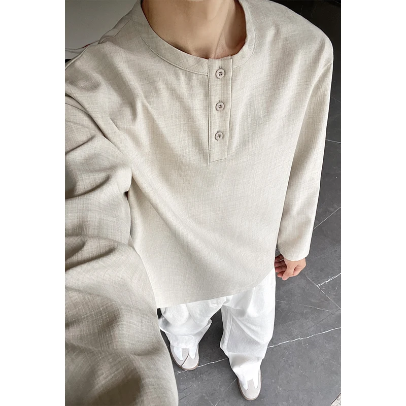 Mens Linen Shirt Long Sleeve - メンズカジュアルフェイクリネンヘンリーティー、長袖、3ボタンプラケット、リラックスフィット、バケーションスタイル、軽量シャツ