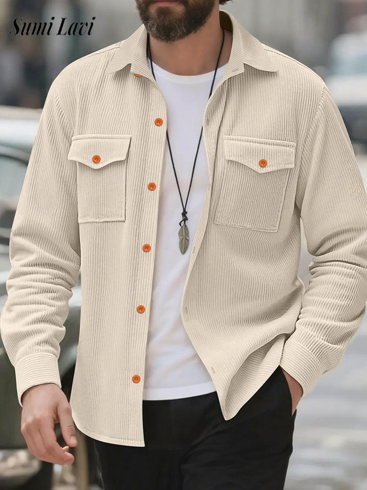 Corduroy Button Up Shirt Men - カジュアルメンズコーデュロイシャツジャケット春秋ヴィンテージボタンアップターンダウンカラーカーゴジャケット男性ファッションテクスチャカーディガン