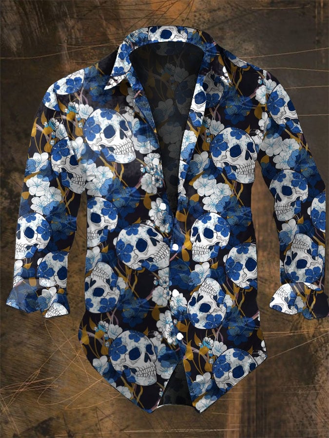 Vintage Hawaiian Floral Shirt - メンズダークスカルプリント長袖シャツ,ヴィンテージフローラルプリント,レギュラーフィット,ラペルカラー,ポリエステルブレンド,ハロウィーン