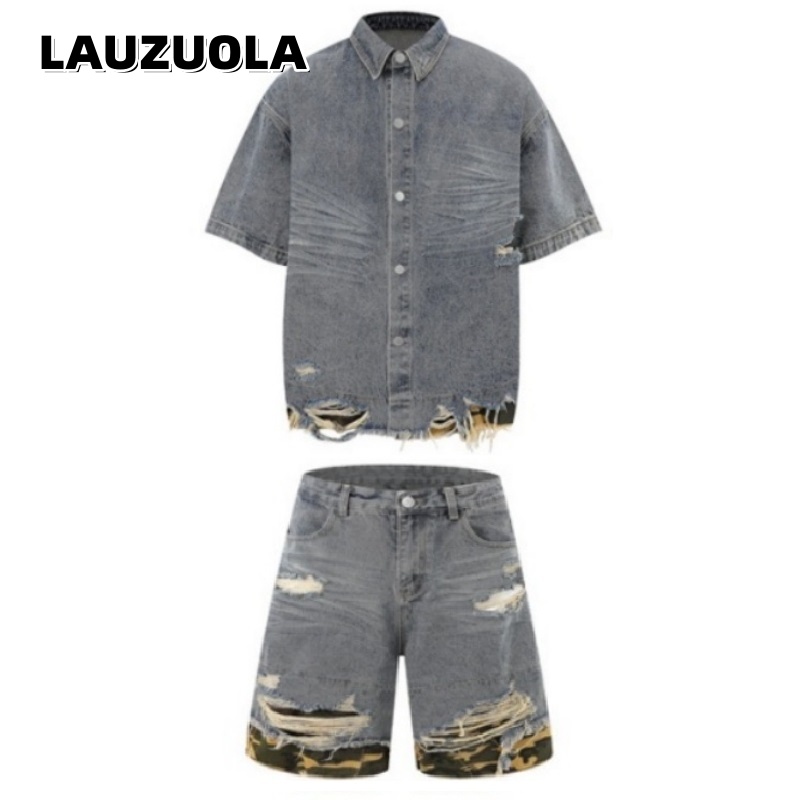 Jeans - メンズダメージ加工デニム半袖シャツショーツセット 2ピース サマーストリートウェア ヴィンテージ迷彩パッチワークウォッシュドジーンズコーディネート