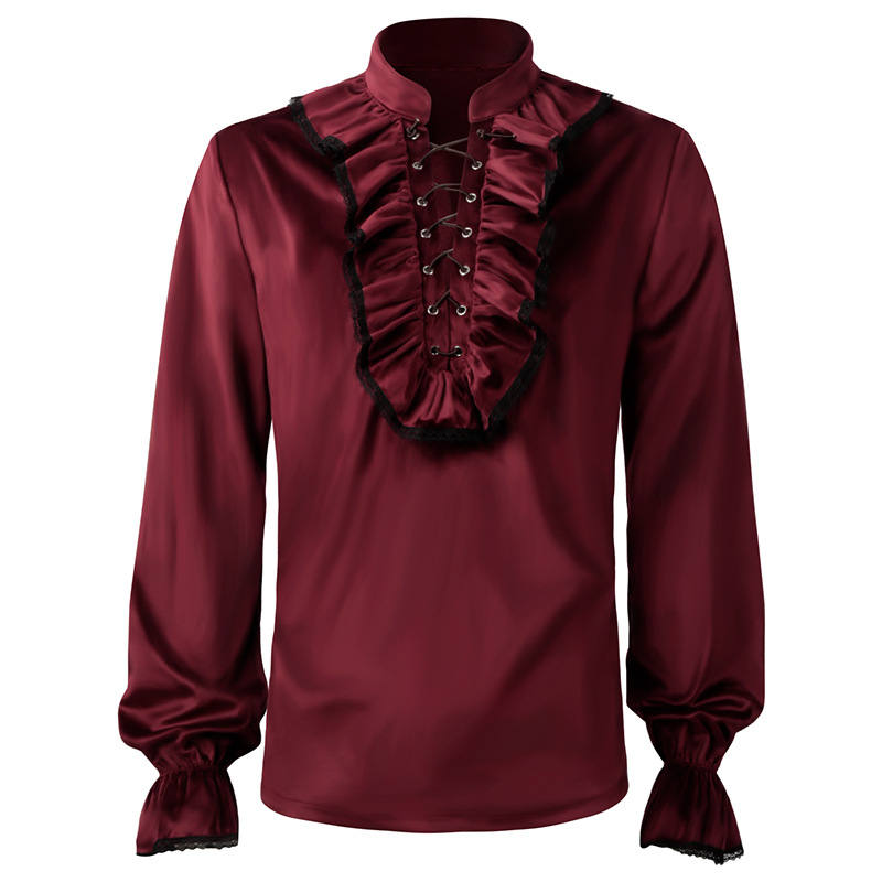 Medieval Gothic Lace Up Pirate Shirt - 男性用のフリル付きランタンスリーブシャツ,赤いレースの衣服,海賊中世,ゴシック,ビクトリア朝,ヴィンテージ,トップ,スチームパンク