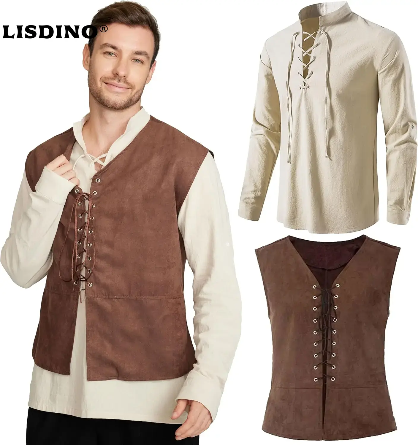 Medieval Gothic Lace Up Pirate Shirt - 2点セット メンズ 中世海賊ベスト 長袖シャツ 中世ルネサンスコスチューム レースアップベスト