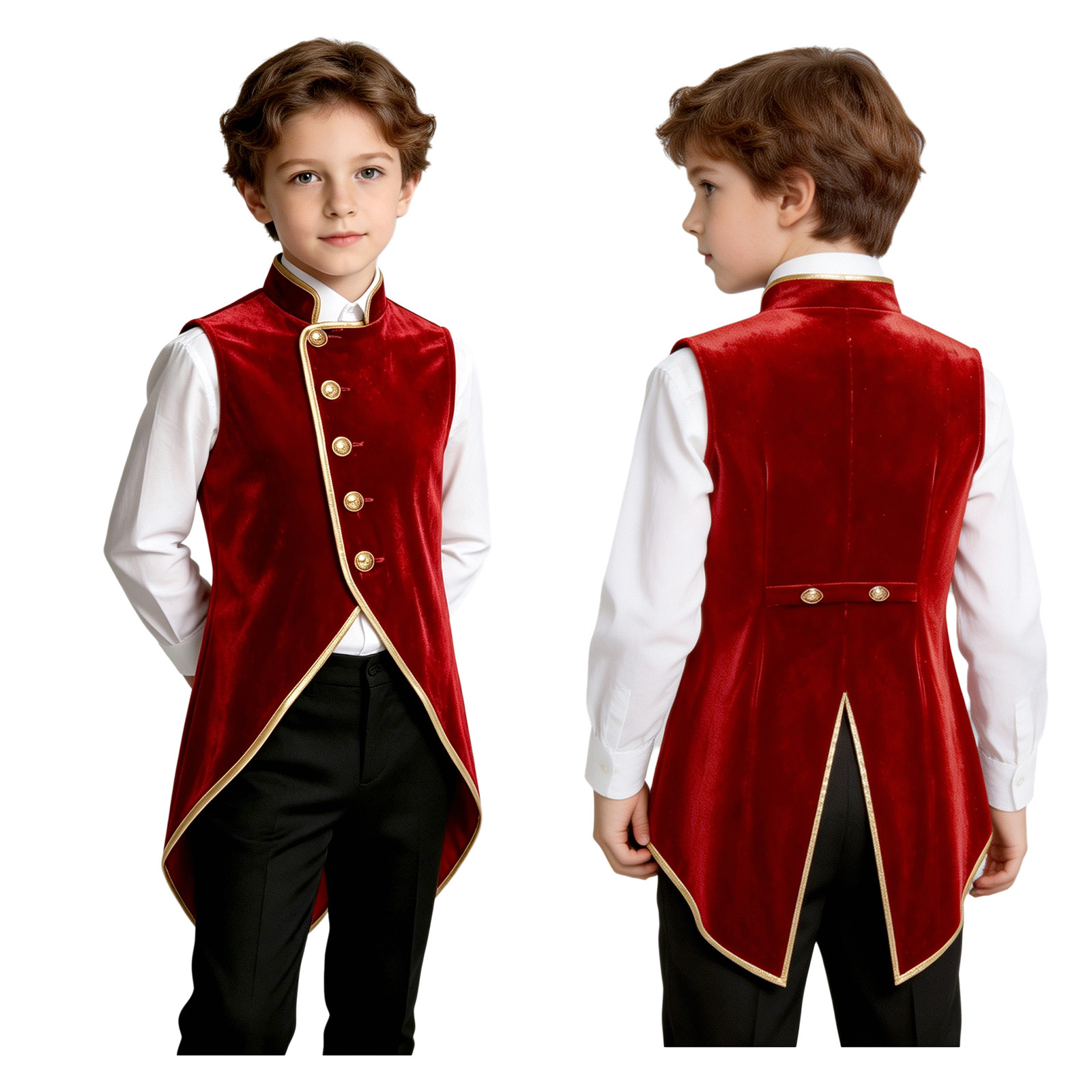 Jackets - 男の子用、レトロな中世風ベルベットのテールコートジャケット。背中がスリット入りで、メタリックなトリムとボタンがあしらわれた、袖なしのベスト。ハロウィーンのテーマパーティー、仮装舞踏会に最適。