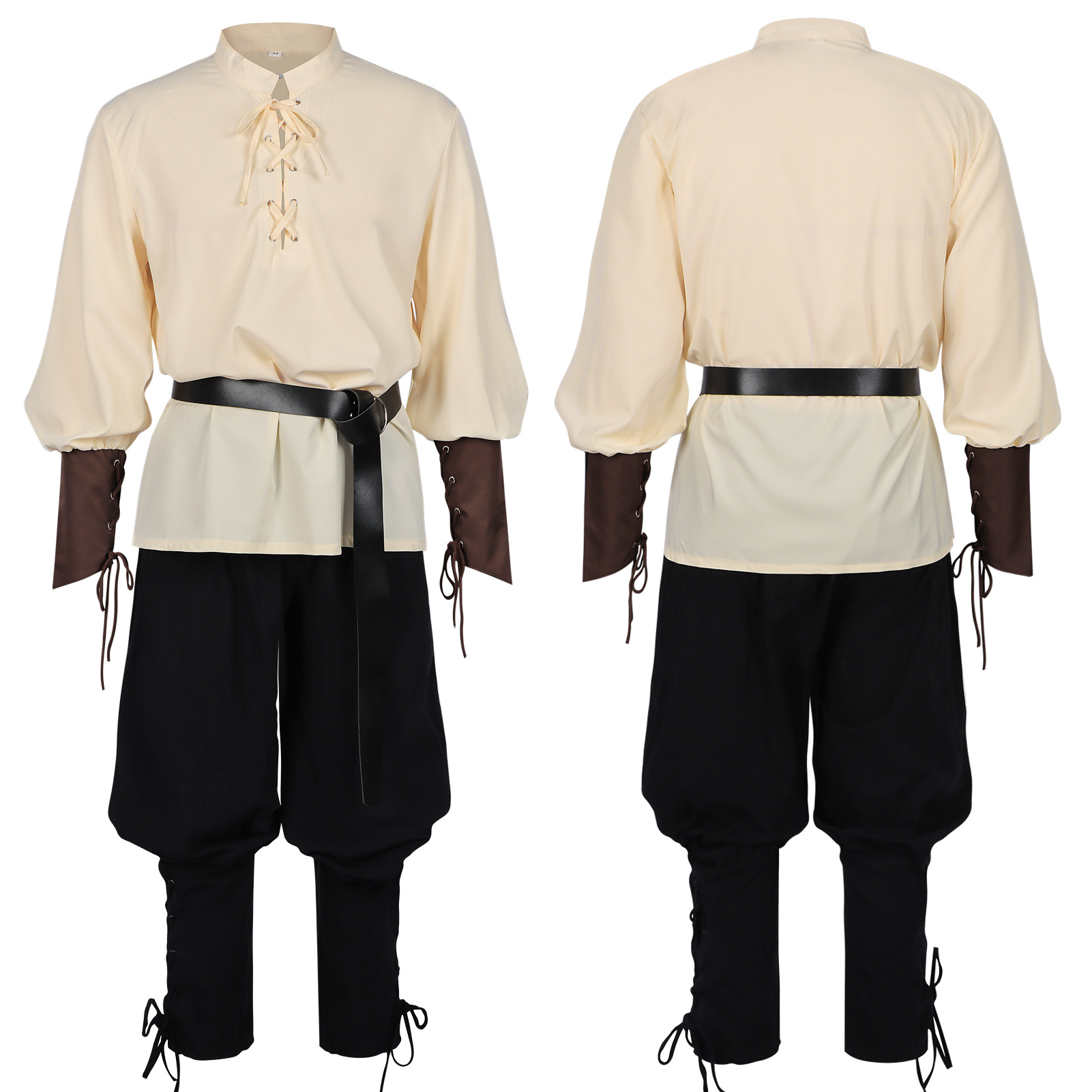 Medieval Gothic Lace Up Pirate Shirt - メンズ中世ルネッサンス LARP シャツ ベルト付き ハロウィン海賊コスチューム レトロゴシックレースアップトップ＆パンツセット