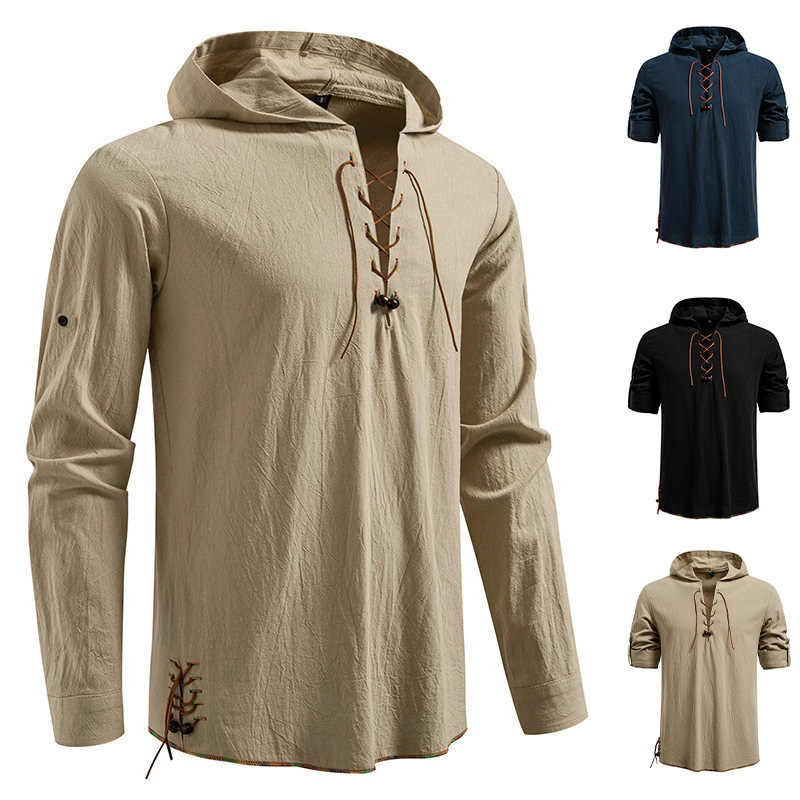 Medieval Gothic Lace Up Pirate Shirt - メンズ長袖フード付きTシャツ コットン製 中世海賊風 レースアップ Vネック コットン