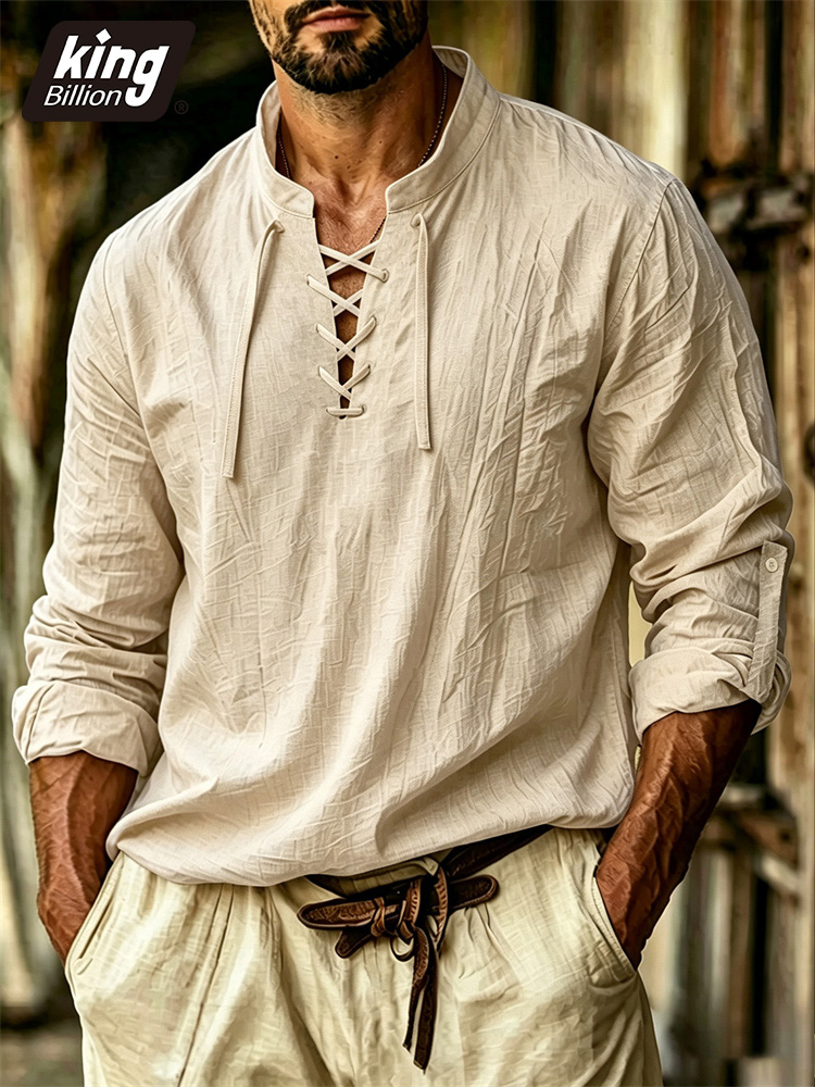 Medieval Gothic Lace Up Pirate Shirt - メンズVネックTシャツ 海賊 中世 バイキング ゴシックスタイル トップス