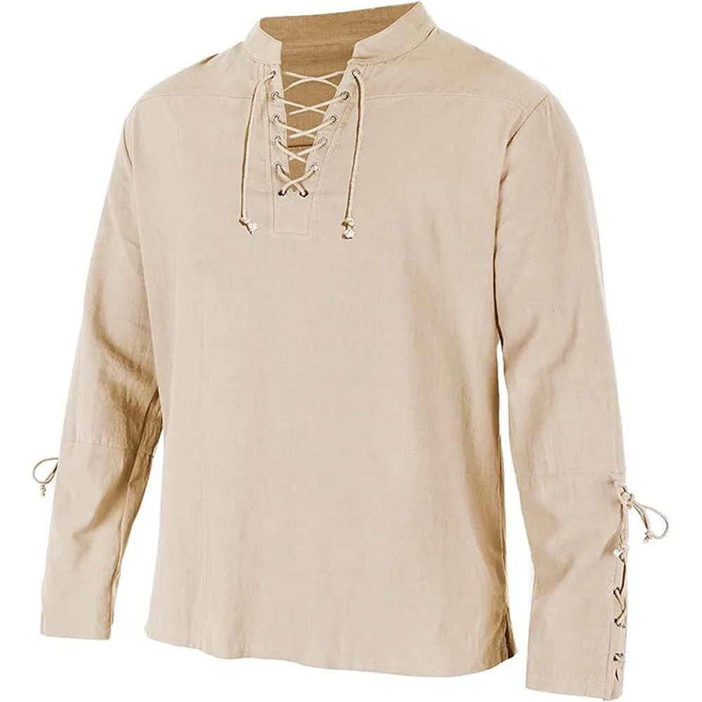 Medieval Gothic Lace Up Pirate Shirt - メンズ長袖シャツレースアップ V ネックカフ中世海賊ドレスアップストリートハロウィンゴシックパンクスタイル紳士服