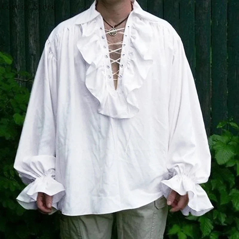 Medieval Gothic Lace Up Pirate Shirt - S-5XL 中世海賊ハロウィン吸血鬼コスチューム男性用フリルジャボットトップスゴシックシャツレースアップビクトリア朝植民地衣装 NM35用