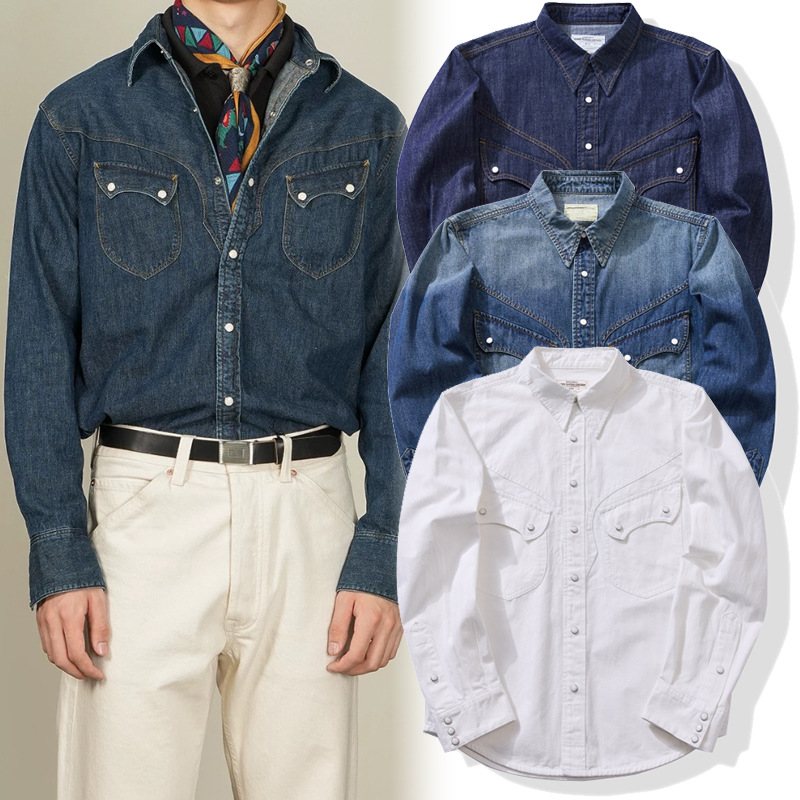 Mens Western Denim Pearl Snap Shirt - アメリカンヴィンテージパールスナップウェスタンシャツ - ソフトウォッシュドローデニム100%コットンシャンブレーワークシャツ（テクスチャディテール付き）OKONKWO