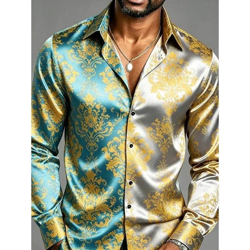 Mens Satin Silk Dress Shirt - サテンシルク長袖バロック花柄プリントメンズドレスシャツスリムフィットパーティーナイトクラブカジュアルフォーマルトップス