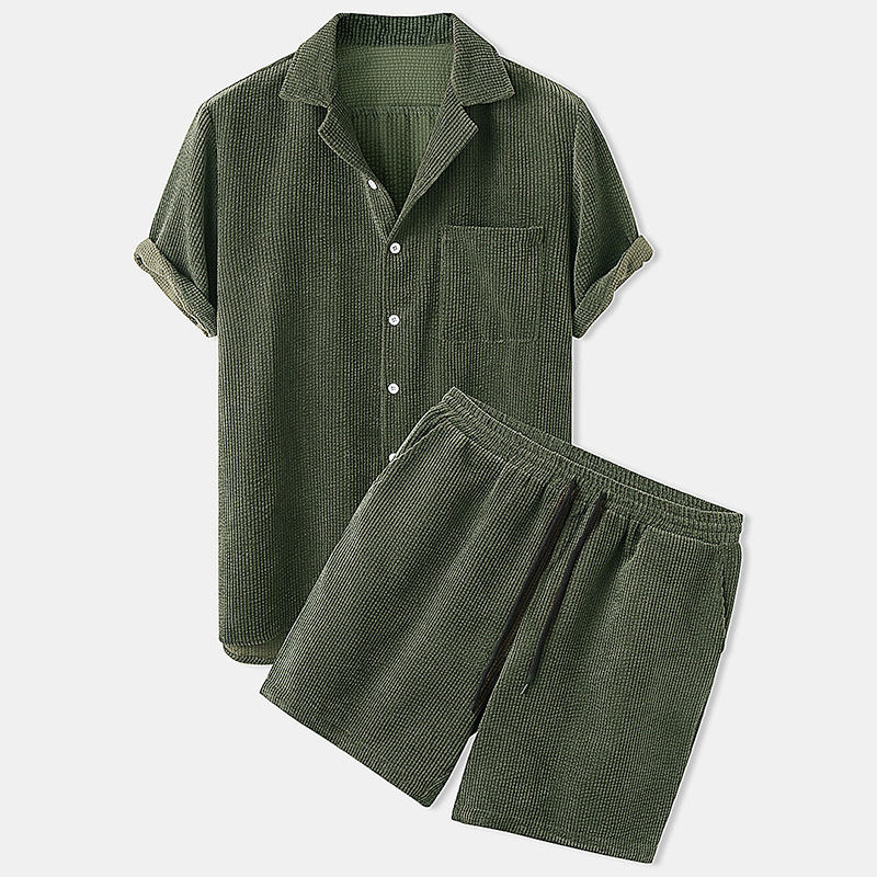 Corduroy Button Up Shirt Men - 2025 新しいメンズ夏のコーデュロイシャツとショーツセット無地カジュアルウェア夏のストリートウェアツーピーススーツ