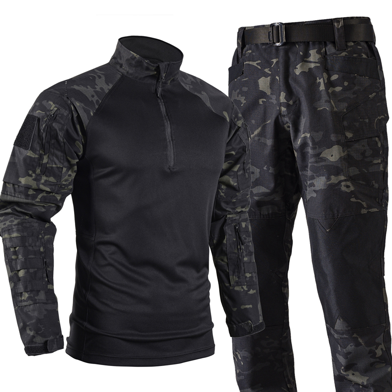 Tactical Military Shirt Cargo - メンズ戦術戦闘服セット夏通気性シャツ + 迷彩カーゴパンツ屋外男性軍事迷彩狩猟スーツ