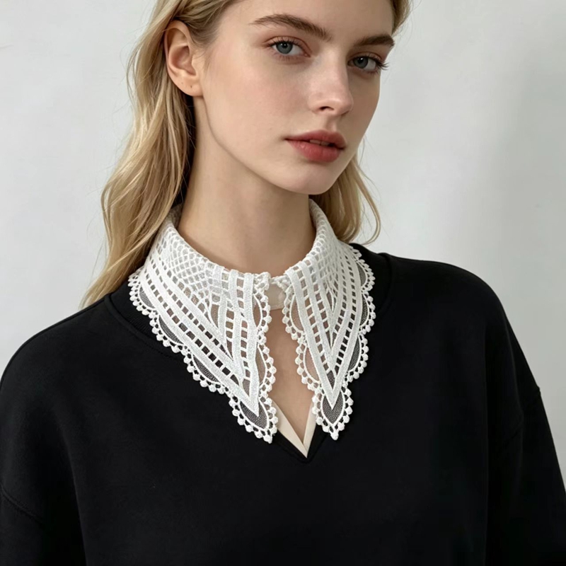 Shirts - レディホワイト フリル付き付け襟 花柄 刺繍入り 取り外し可能な襟 シャツ