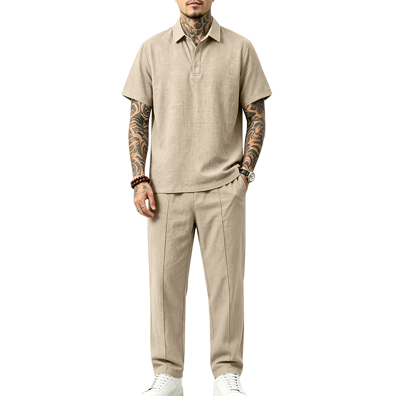Mens Linen Shirt Long Sleeve - メンズ2ピースポロセット半袖襟付きポロシャツ＆ストレートロングパンツカジュアルサマーバケーションお揃いコーデ
