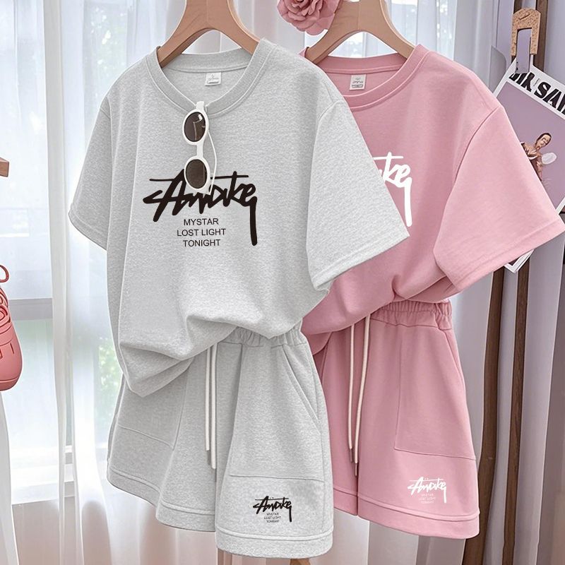 T-Shirts - 新しい女性用プラスサイズセット 大人用半袖とショートパンツのツーピースセット 子供用ゆったりカジュアルセット 女性用Tシャツとショートパンツセット