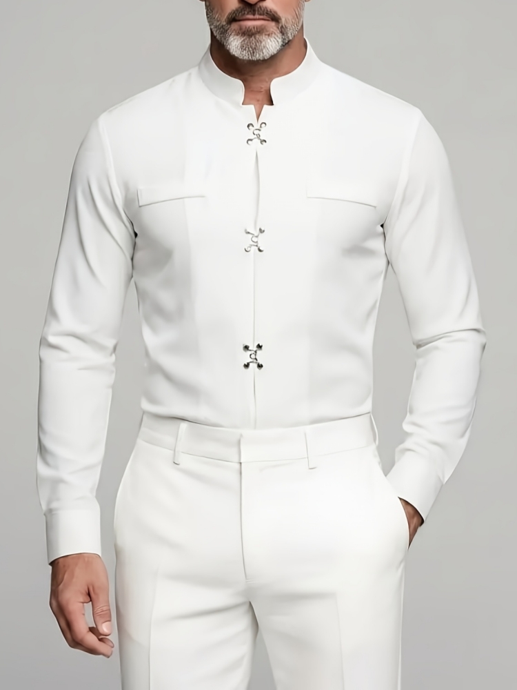 Mandarin Collar Formal Shirt Slim Fit - ラグジュアリーメンズマンダリンスタンドカラーシャツ 長袖 メタルフックボタン装飾 スリムフィット フォーマルシャツ ウェディングパーティー
