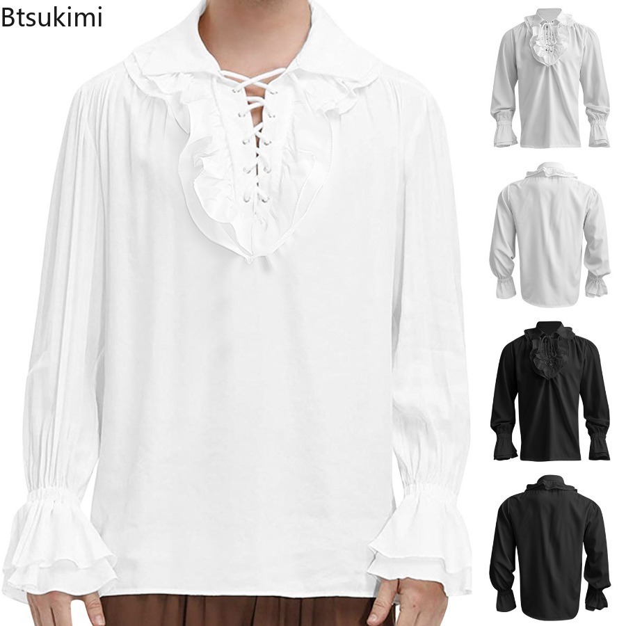 Medieval Gothic Lace Up Pirate Shirt - メンズ中世ルネッサンス海賊シャツビクトリア朝フリルスチームパンクゴシックレトロレースアップバイキングハロウィンコスチュームヴィンテージシャツ
