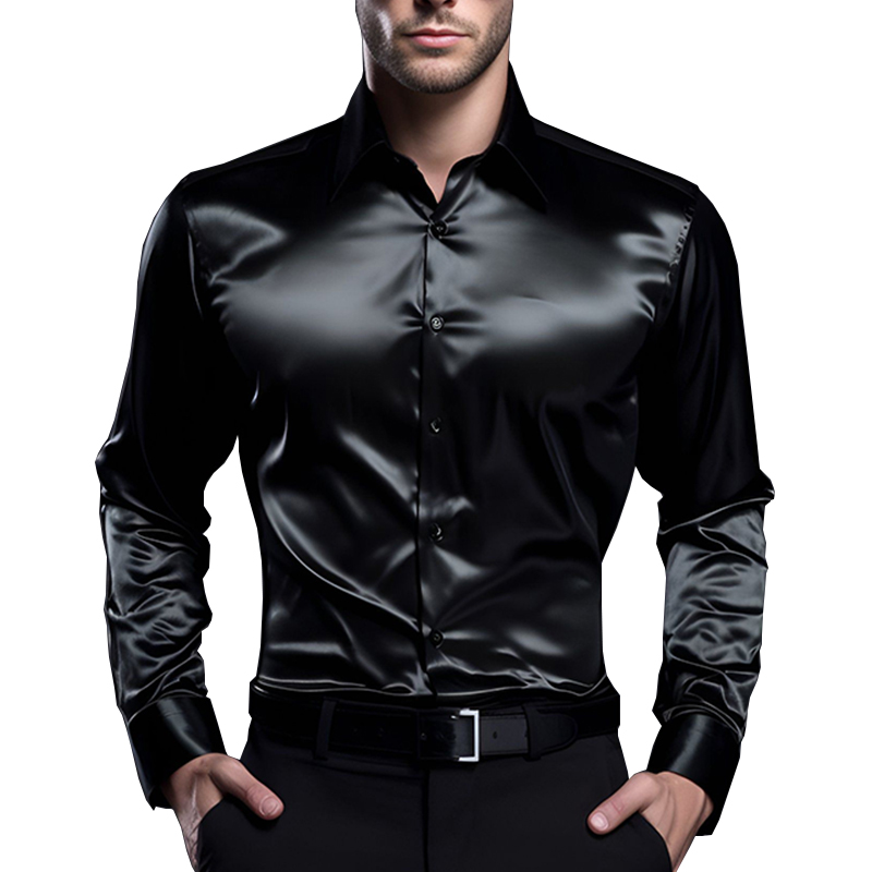 男性用の滑らかなシルクシャツ,単色,カジュアル,オフィス,結 - Mens Satin Silk Dress Shirt のレビューと価格
