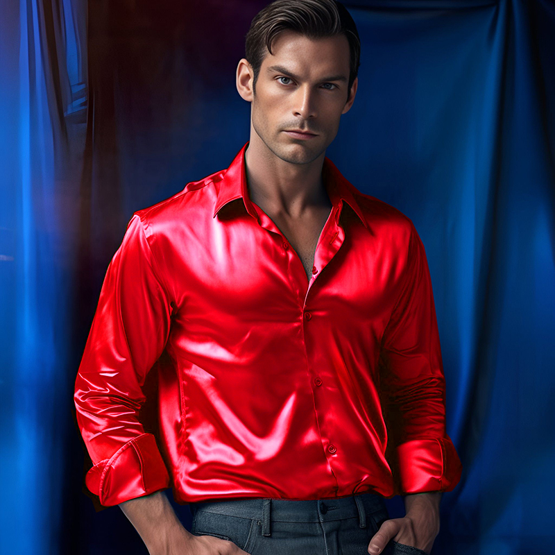 男性用の滑らかなシルクシャツ,単色,カジュアル,オフィス,結 - Mens Satin Silk Dress Shirt のレビューと価格